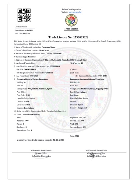Download Bangladesh Sylhet trade license Word and PDF template Photoshop template